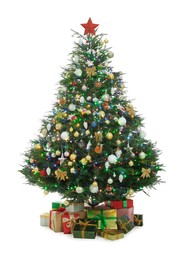 Photo of Christmas tree with beautiful decorations and gifts on white background