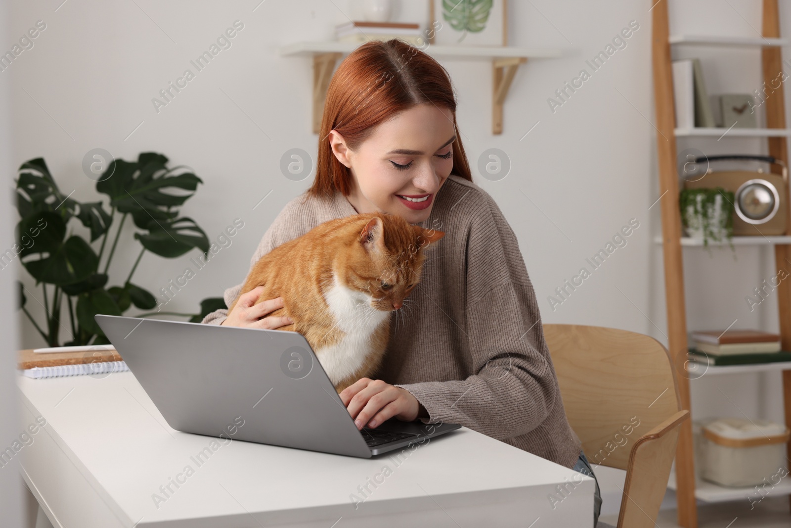 Photo of Happy woman with cat working at desk. Home office