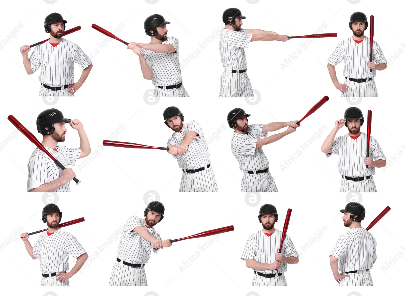 Image of Baseball player with bat on white background, set of photos