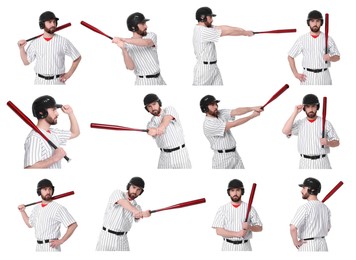 Baseball player with bat on white background, set of photos