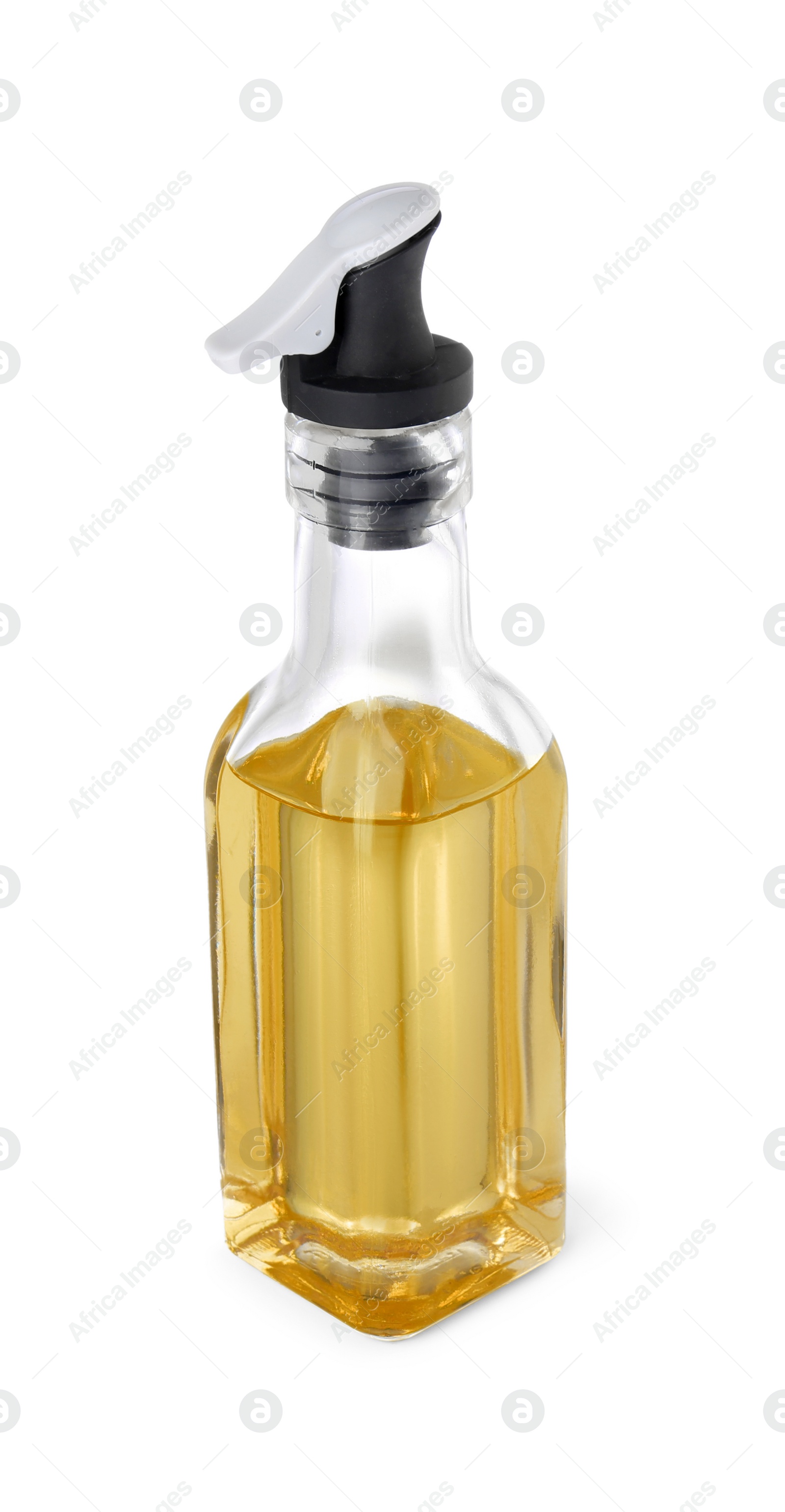 Photo of Glass bottle of cooking oil isolated on white