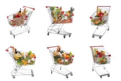 Image of Set with shopping carts full of groceries on white background 