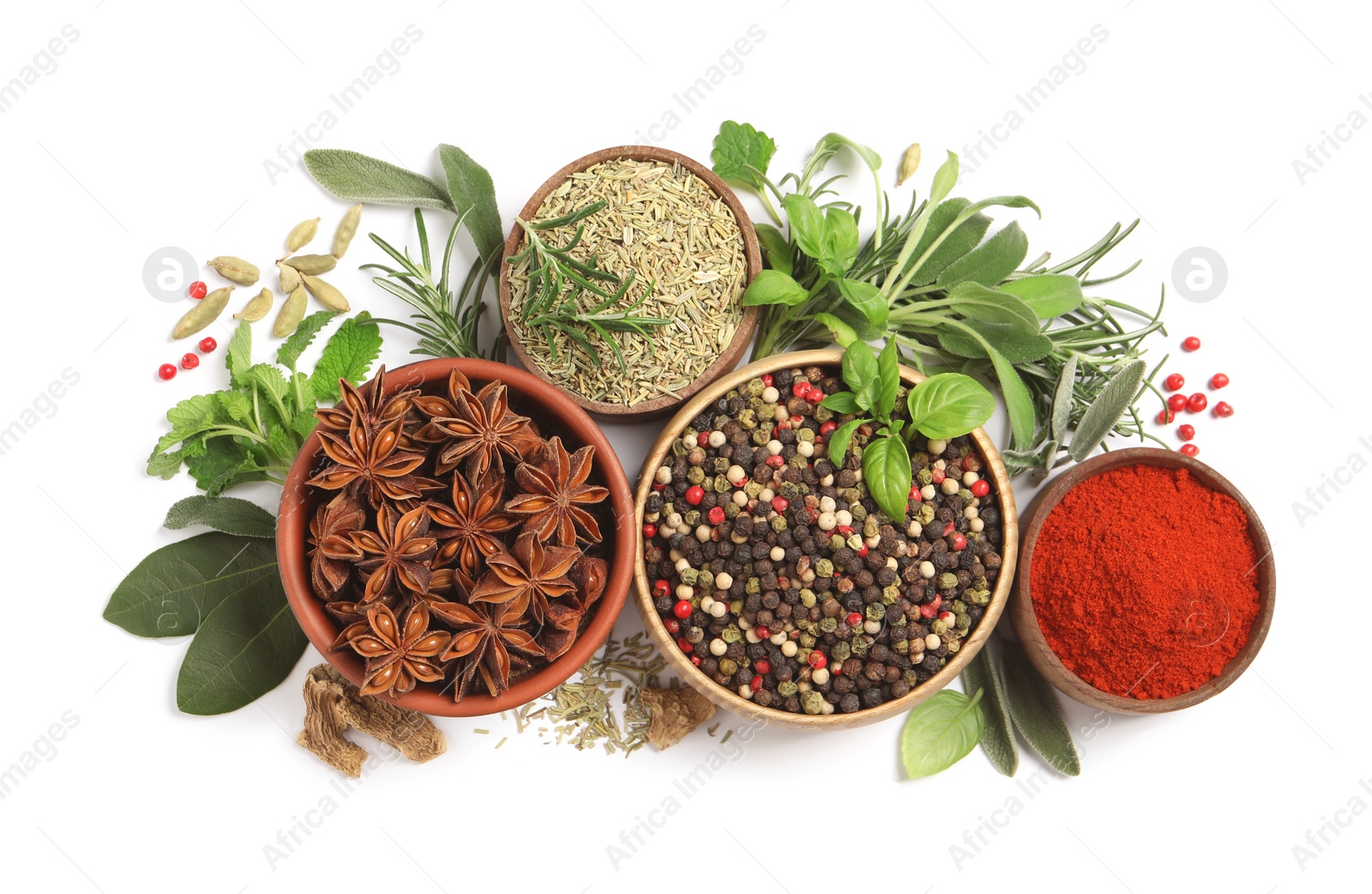 Photo of Different fresh herbs with aromatic spices on white background, top view