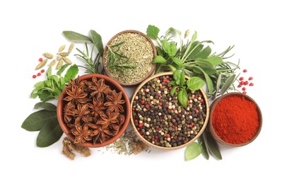 Different fresh herbs with aromatic spices on white background, top view