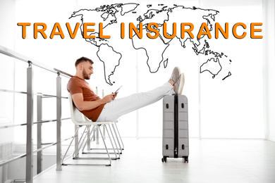 Image of Travel insurance concept. Young man with suitcase in airport