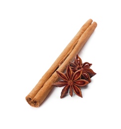 Photo of Aromatic cinnamon stick and anise isolated on white