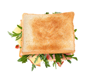 Photo of Tasty sandwich with toasted bread isolated on white, top view