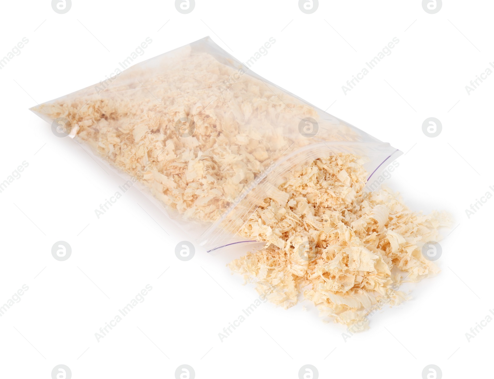 Photo of Natural sawdust with zip bag isolated on white