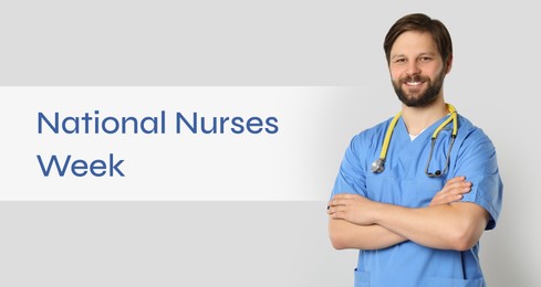 Image of National Nurses Week. Nurse with stethoscope on light grey background, banner design