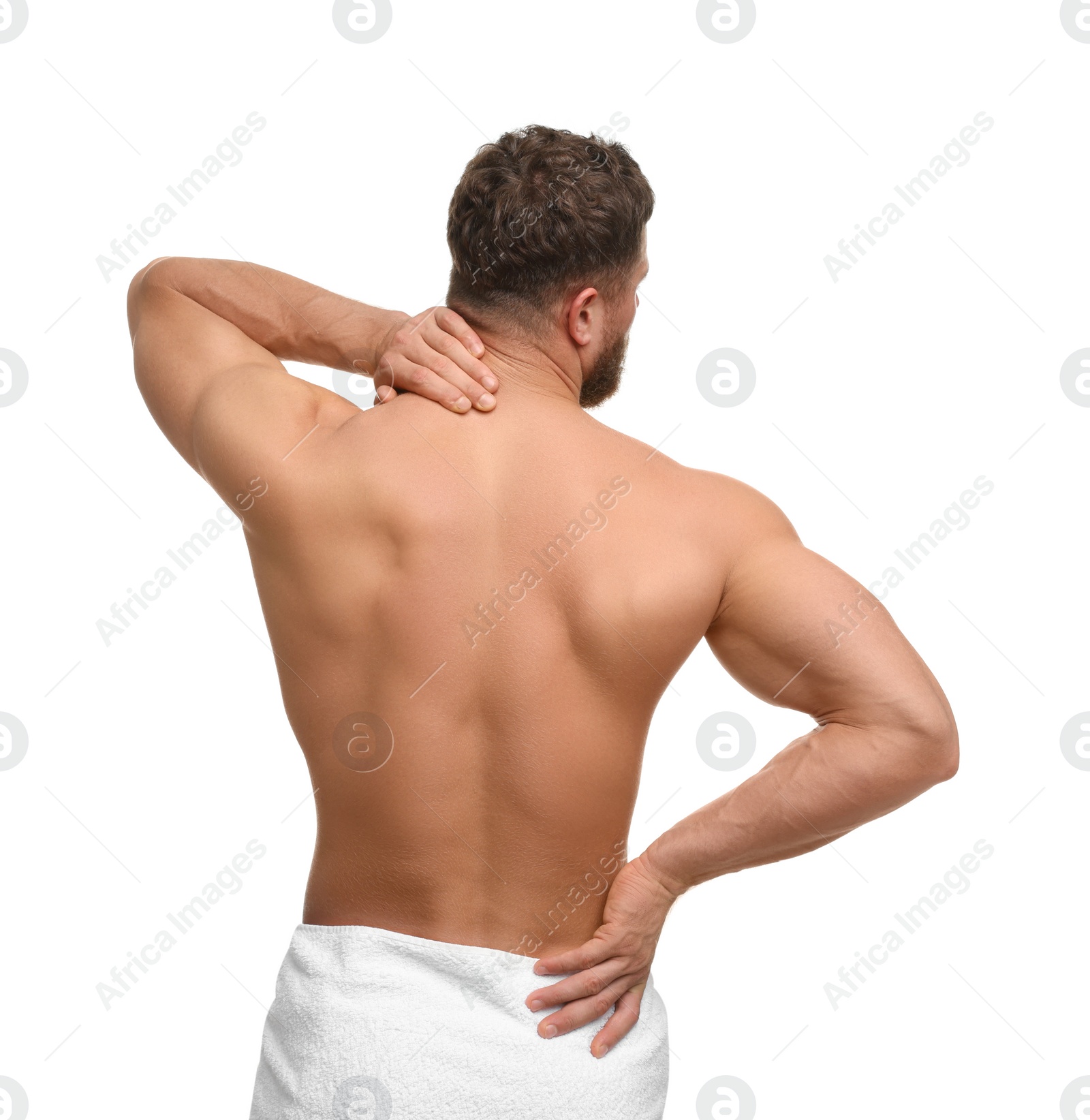 Photo of Man suffering from back pain on white background, back view