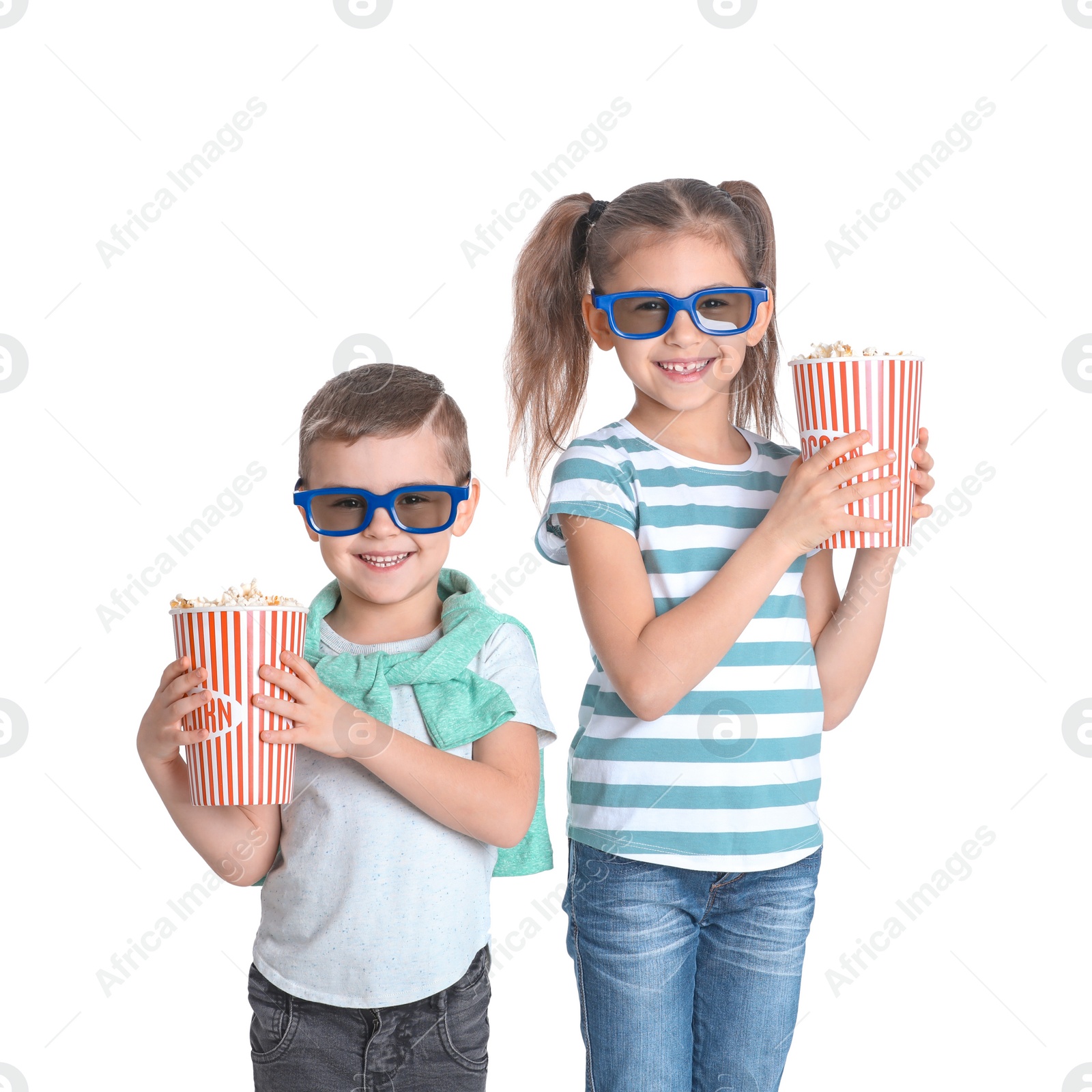 Photo of Cute children with popcorn and glasses on white background