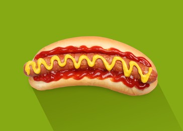 Image of Yummy hot dog with ketchup and mustard on green background