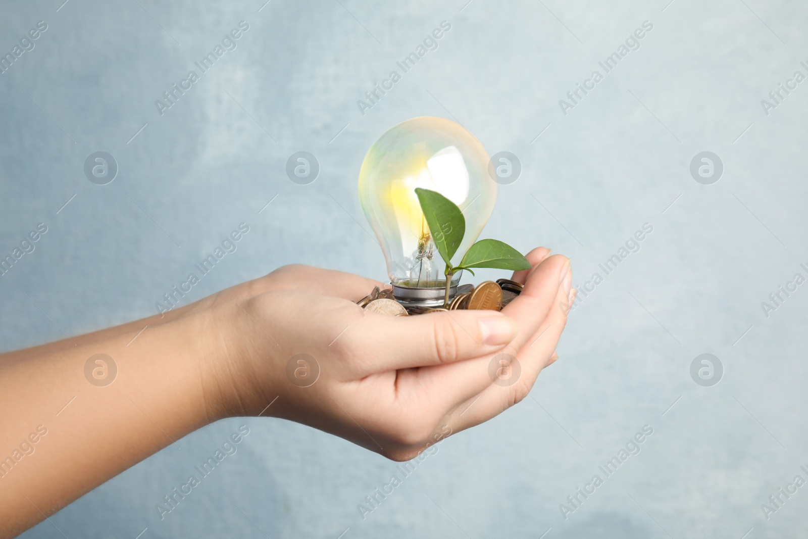 Photo of Woman with coins, light bulb and green plant on light background, closeup. Power saving