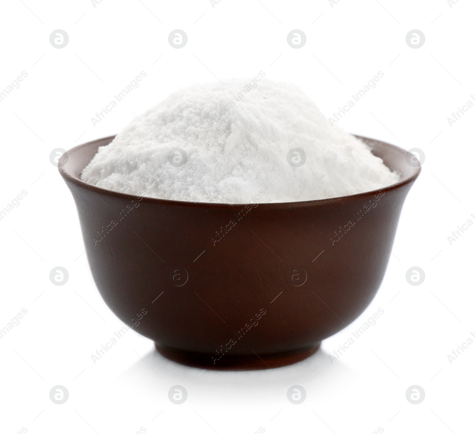 Photo of Bowl with baking soda on white background