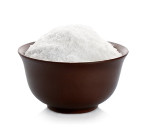 Bowl with baking soda on white background