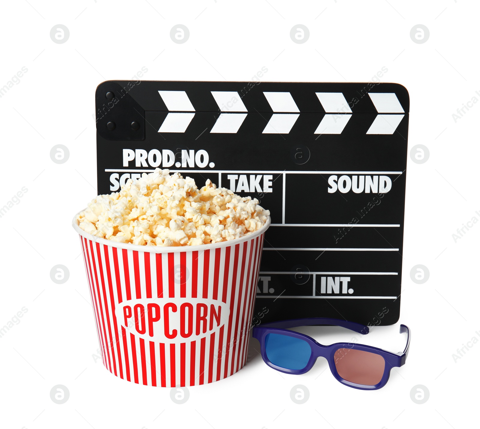 Photo of Popcorn bucket, clapper and glasses isolated on white. Cinema snack