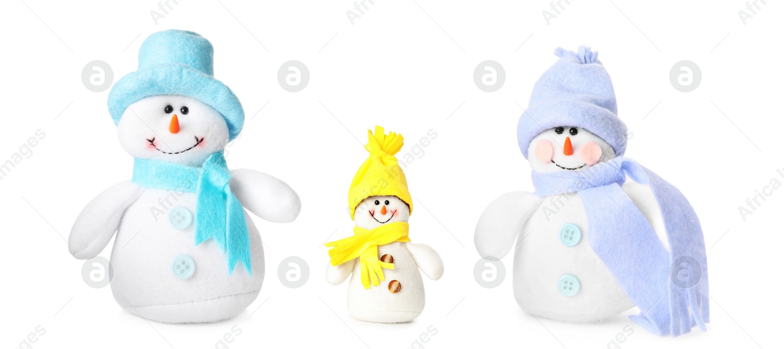 Image of Set with cute small snowman toys on white background. Banner design