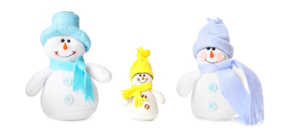 Image of Set with cute small snowman toys on white background. Banner design