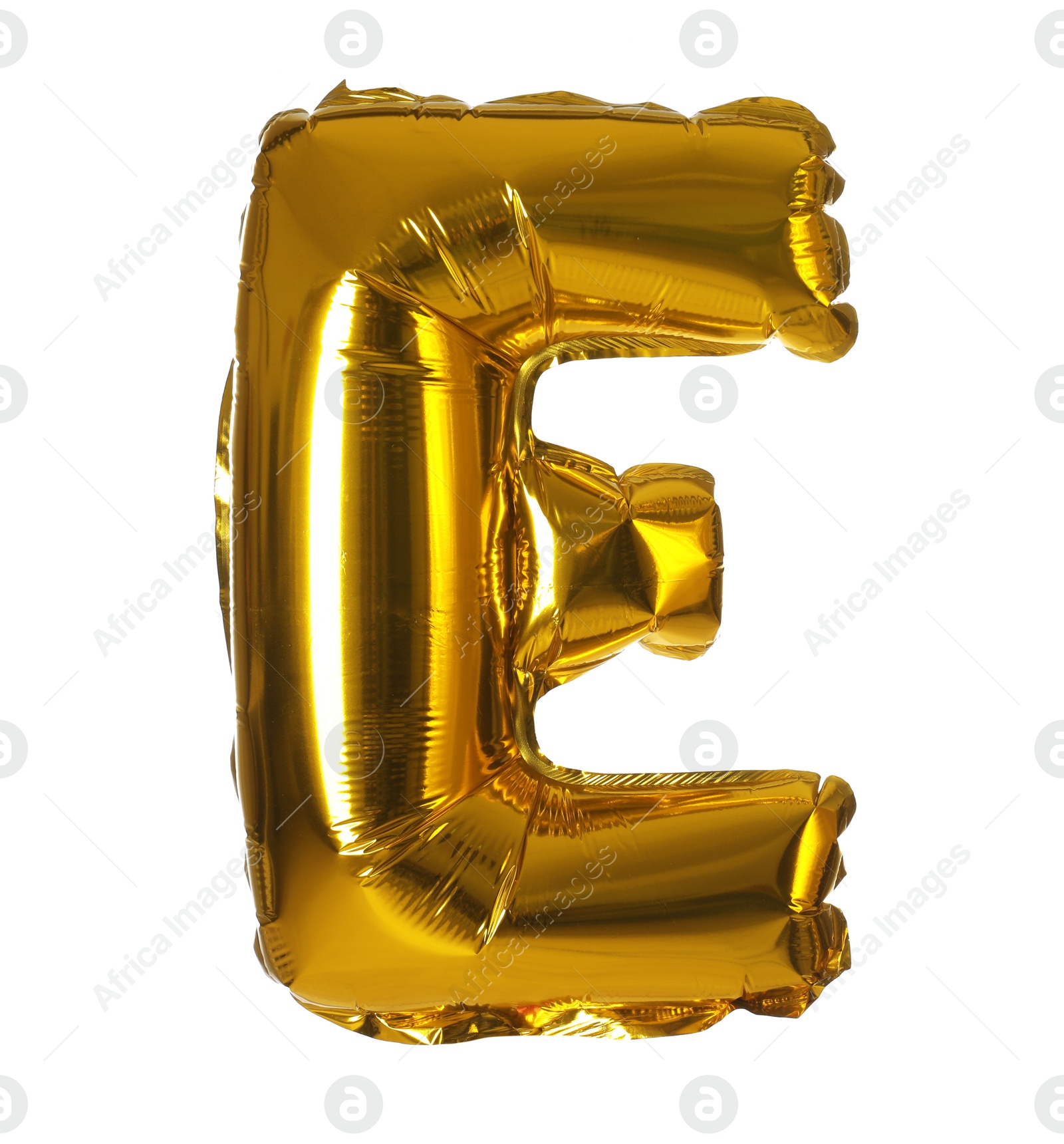 Photo of Golden letter E balloon on white background