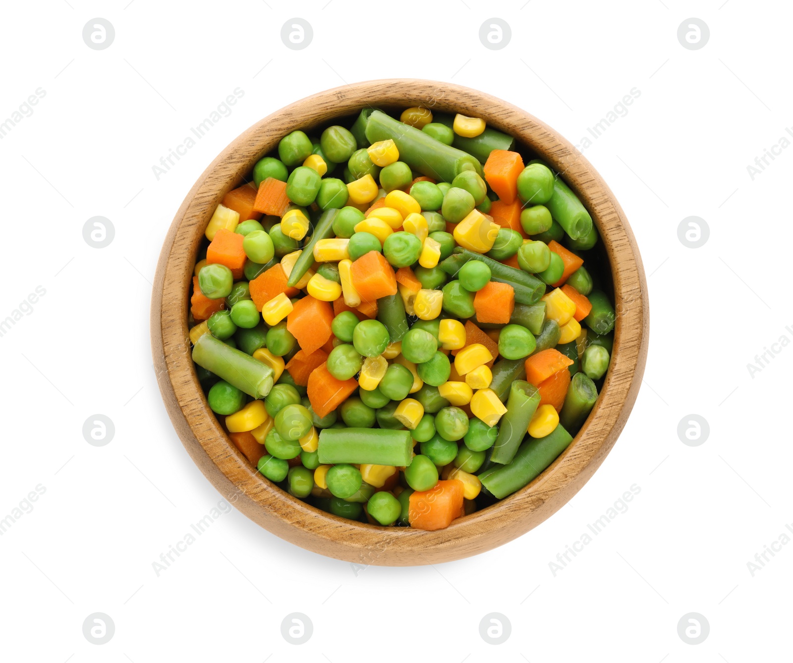 Photo of Mix of fresh vegetables in wooden bowl on white background, top view