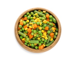 Mix of fresh vegetables in wooden bowl on white background, top view