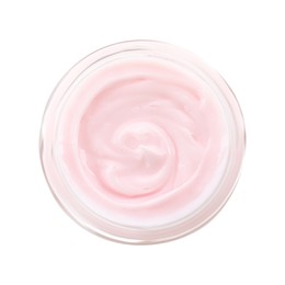 Photo of Jar of hand cream on white background, top view