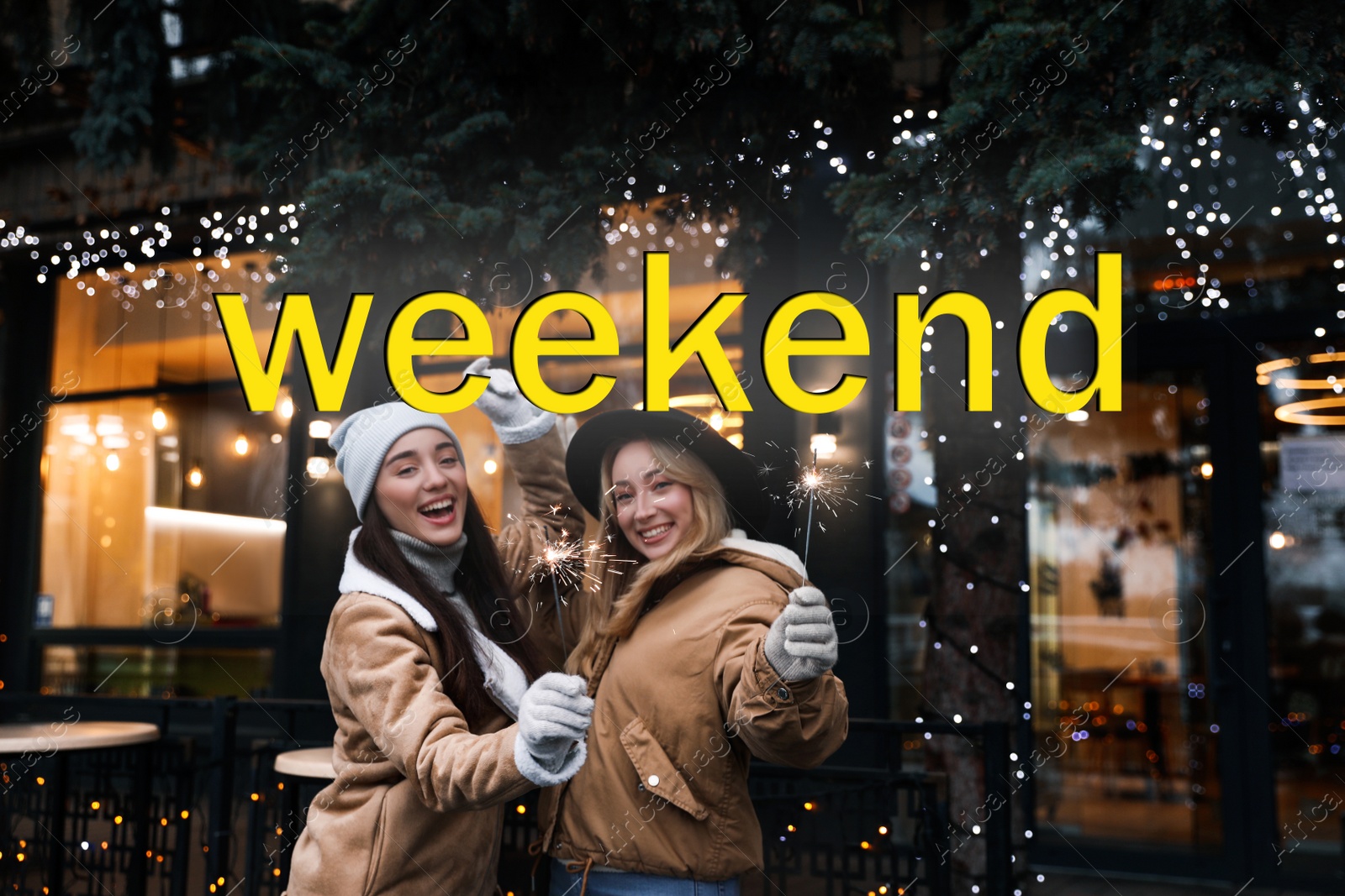 Image of Hello Weekend. Happy young women with sparklers at winter fair