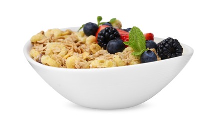 Photo of Tasty oatmeal and fresh berries in bowl isolated on white. Healthy breakfast