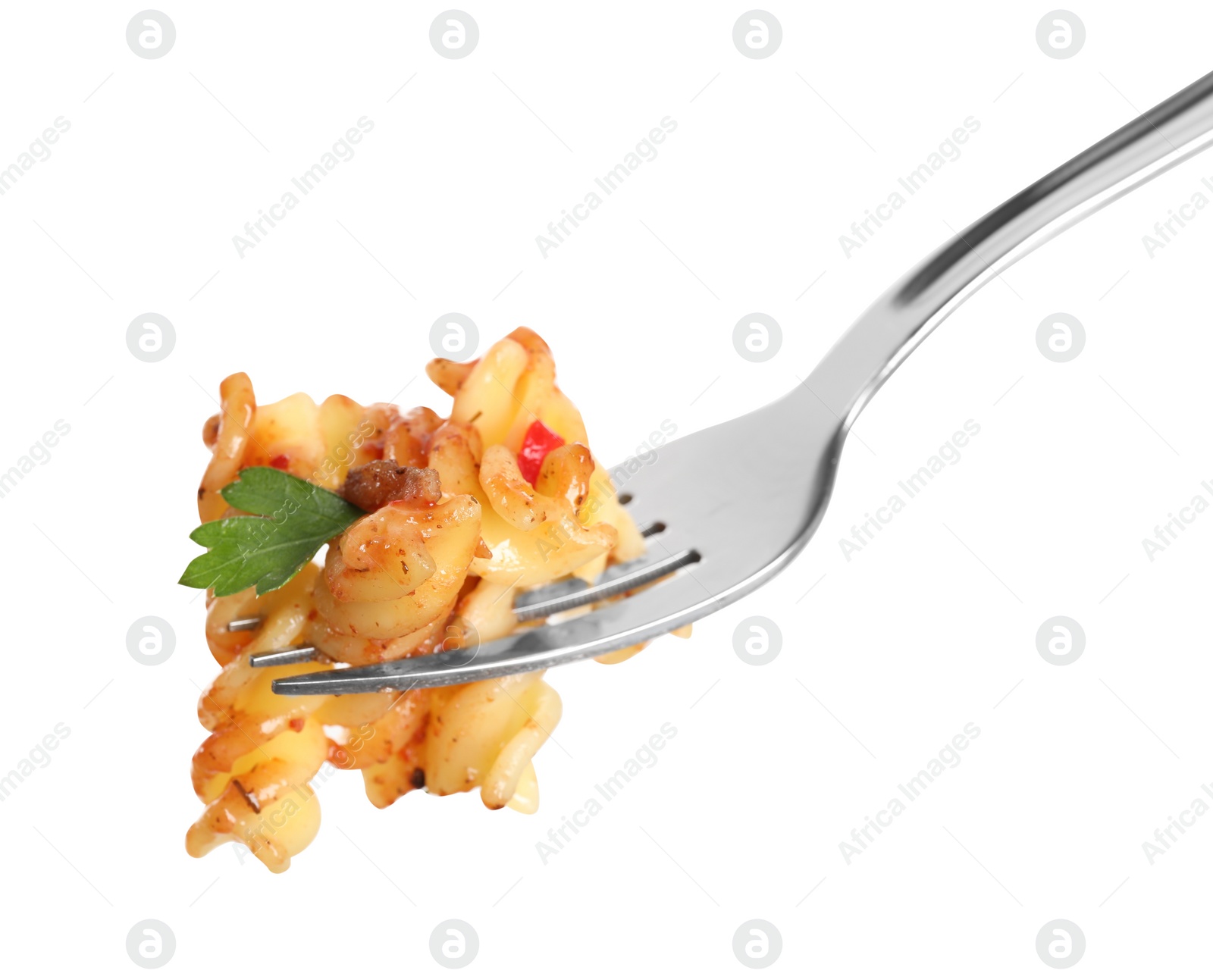 Photo of Fork with tasty pasta isolated on white, closeup