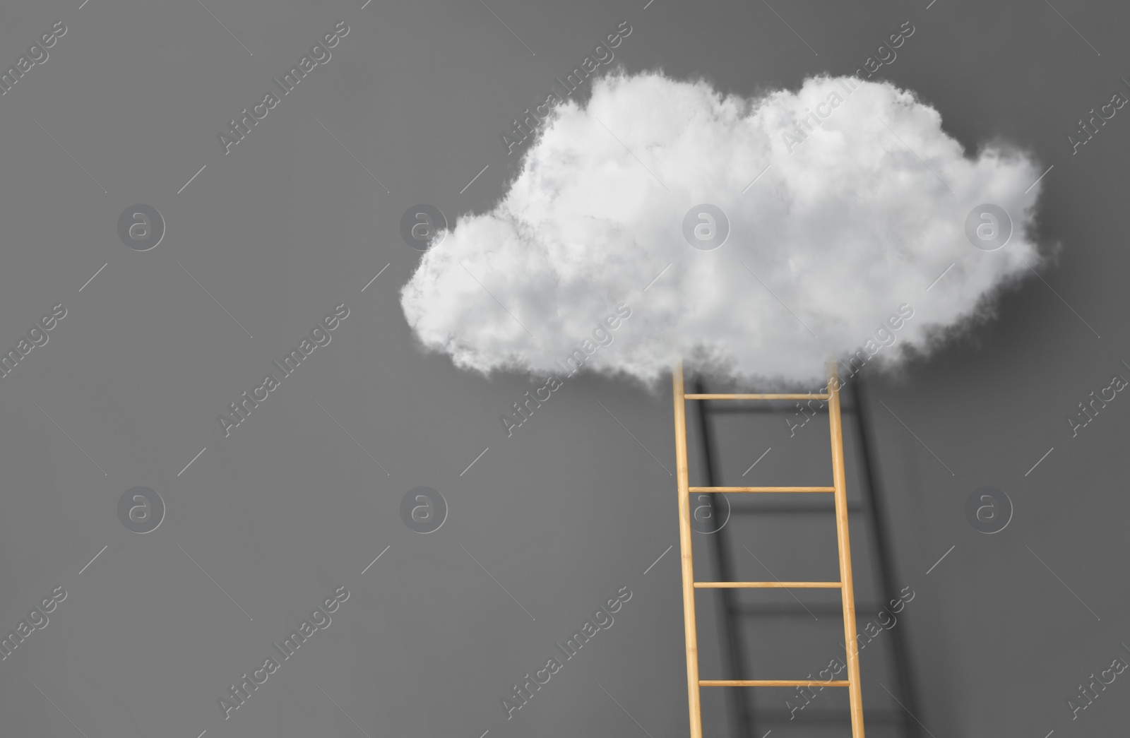 Image of Wooden ladder with cloud on grey background, space for text. Conceptual design 