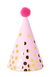 One pink party hat with pompom isolated on white