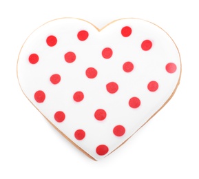 Beautiful heart shaped cookie on white background, top view. Valentine's day treat