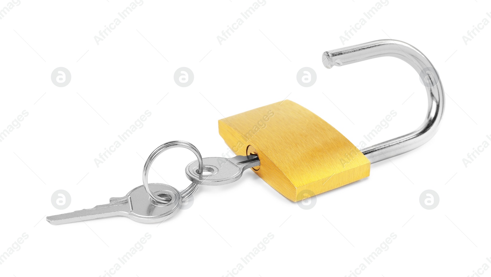 Photo of Steel padlock and keys isolated on white