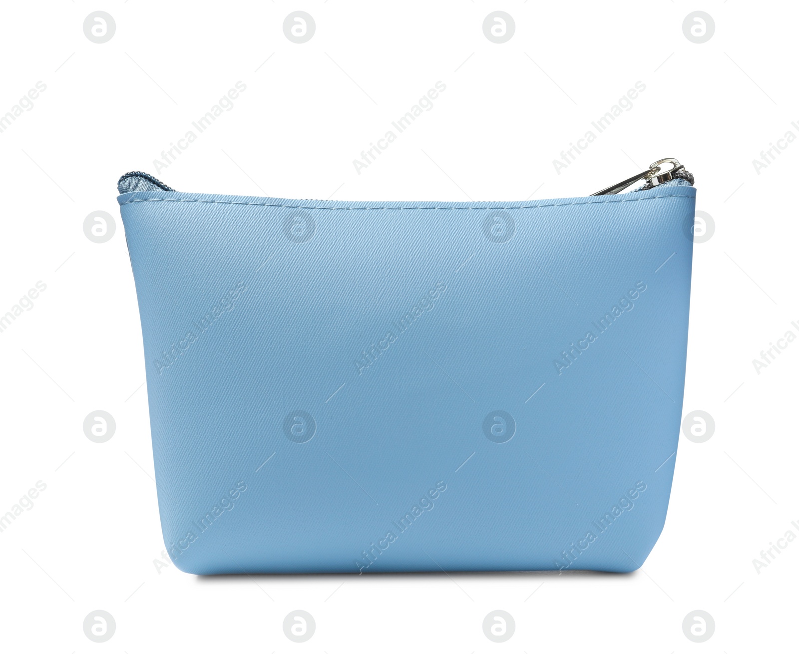 Photo of Stylish light blue cosmetic bag isolated on white
