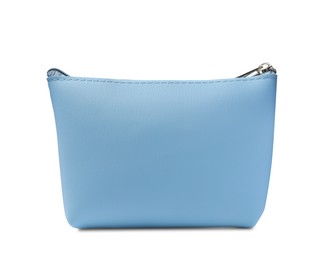 Stylish light blue cosmetic bag isolated on white