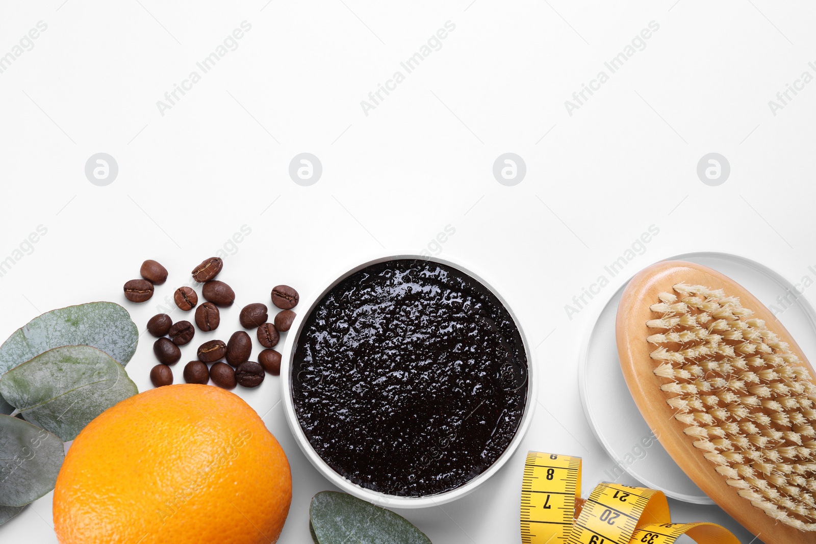Photo of Flat lay composition with natural body scrub on white background, space for text. Cellulite treatment