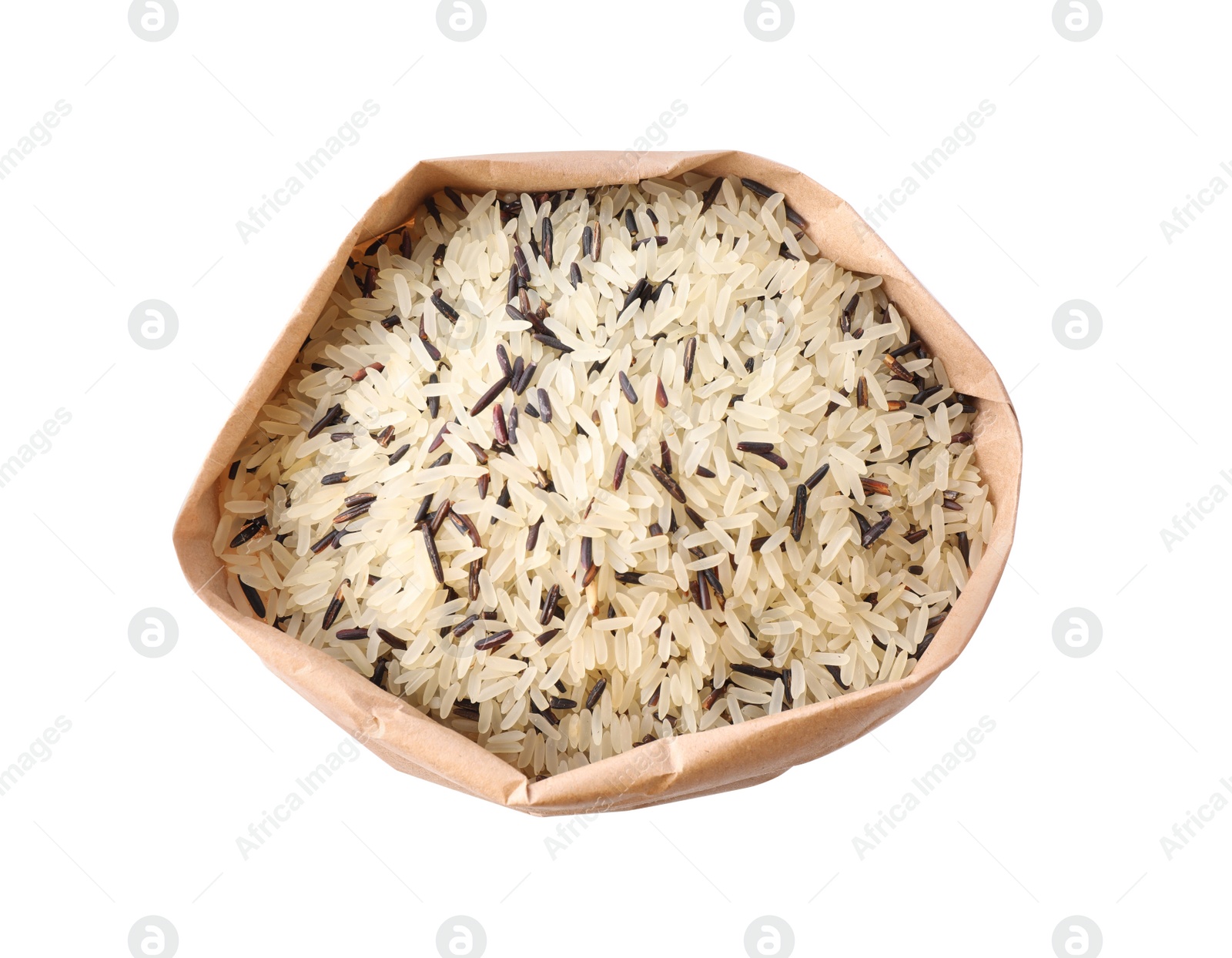 Photo of Mix of brown and polished rice in paper bag isolated on white, top view