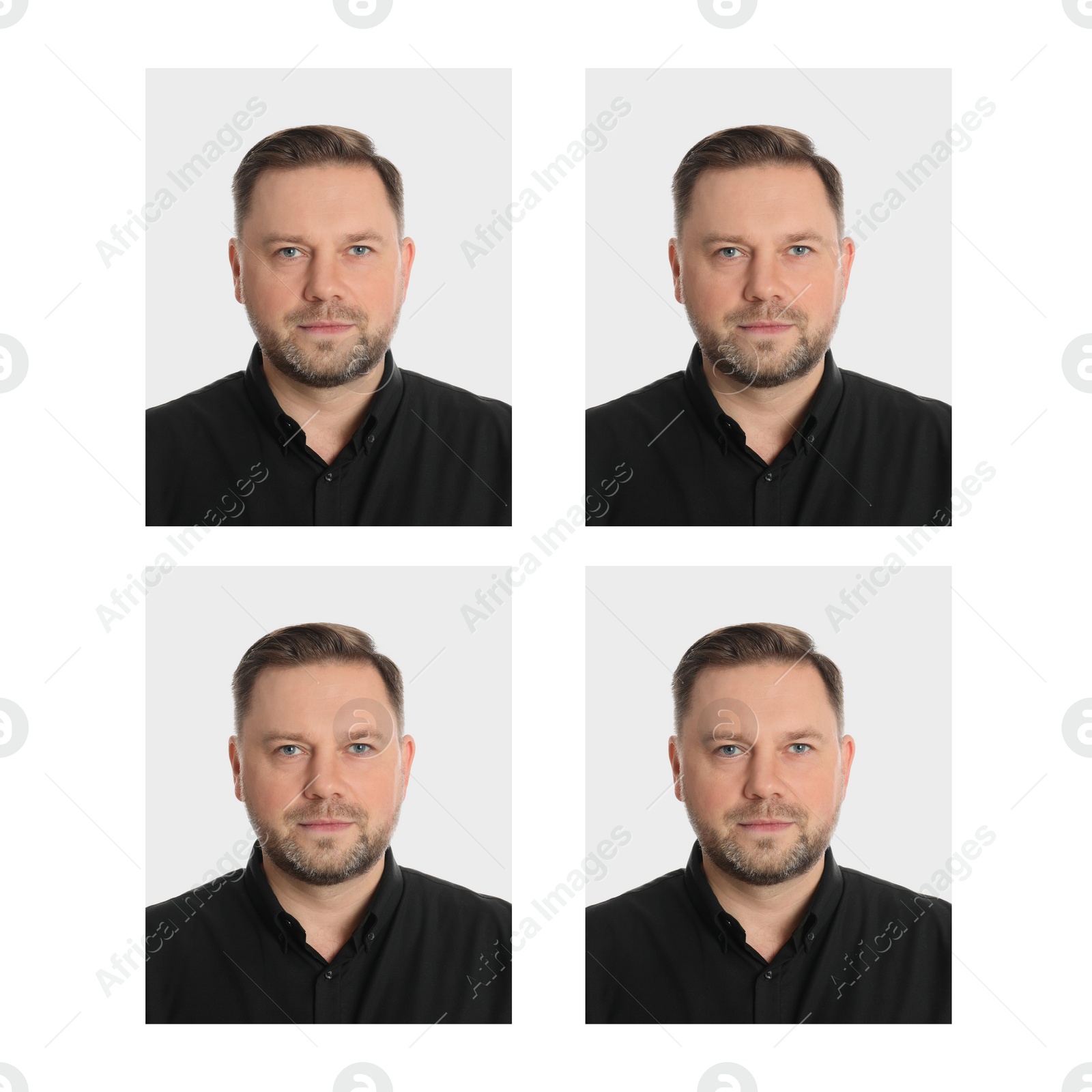 Image of Passport photo, collage. Man on white background, set of photos