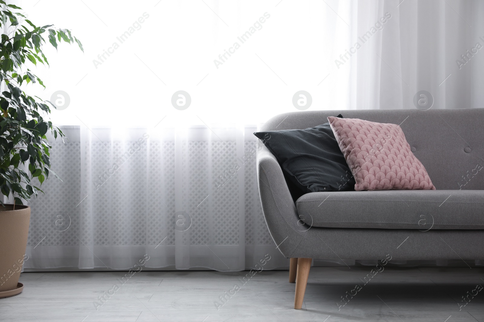 Photo of Soft pillows on modern sofa in living room