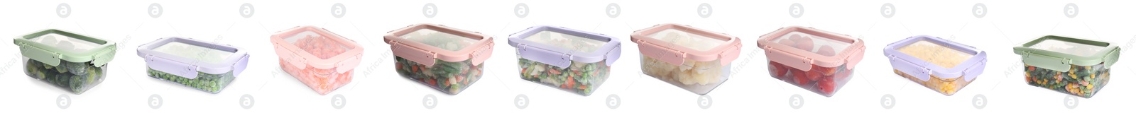 Image of Set of different frozen vegetables in containers on white background. Banner design 