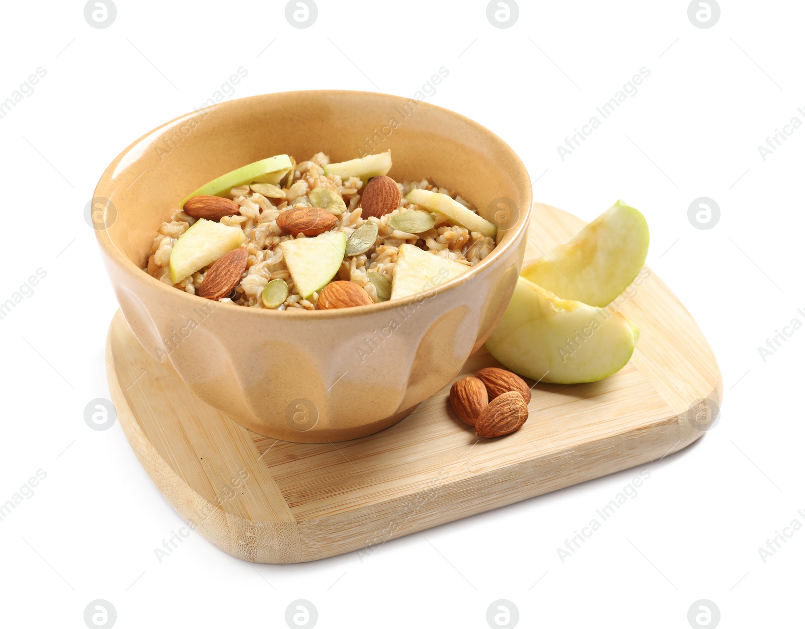 Photo of Tasty oatmeal with apples and almonds isolated on white. Healthy breakfast