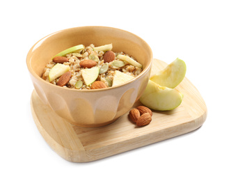 Tasty oatmeal with apples and almonds isolated on white. Healthy breakfast