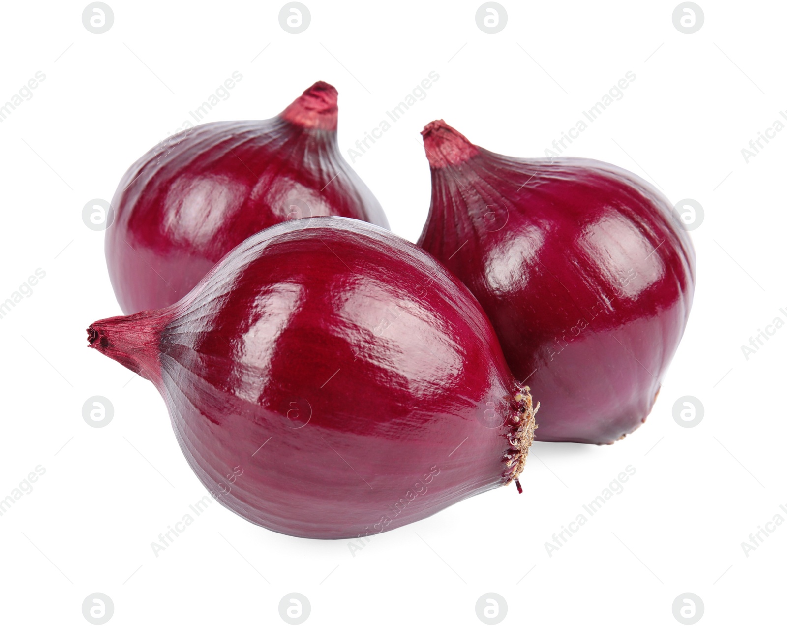 Photo of Fresh whole red onions on white background