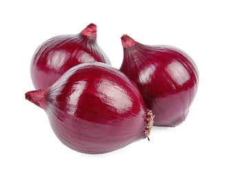 Photo of Fresh whole red onions on white background