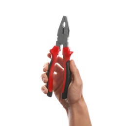 Photo of Male plumber holding pliers on white background, closeup