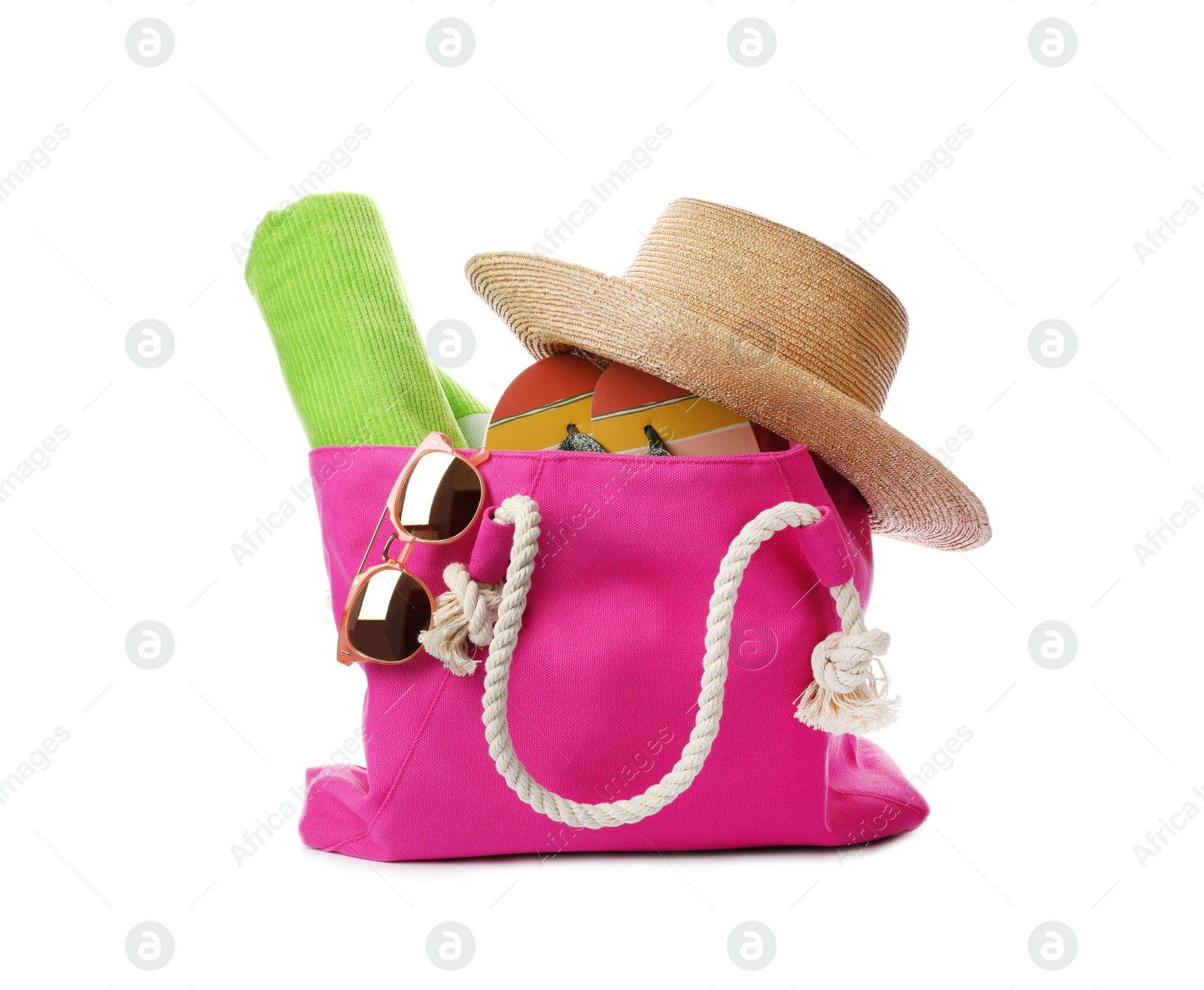 Photo of Different stylish beach accessories on white background