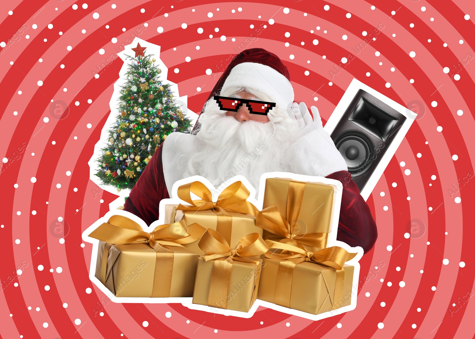 Image of Winter holidays bright artwork. Santa Claus with party sunglasses, gift boxes, Christmas tree and sound speaker against color background, creative collage