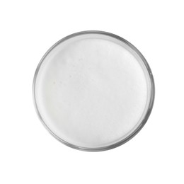 Photo of Glass of fresh milk isolated on white, top view