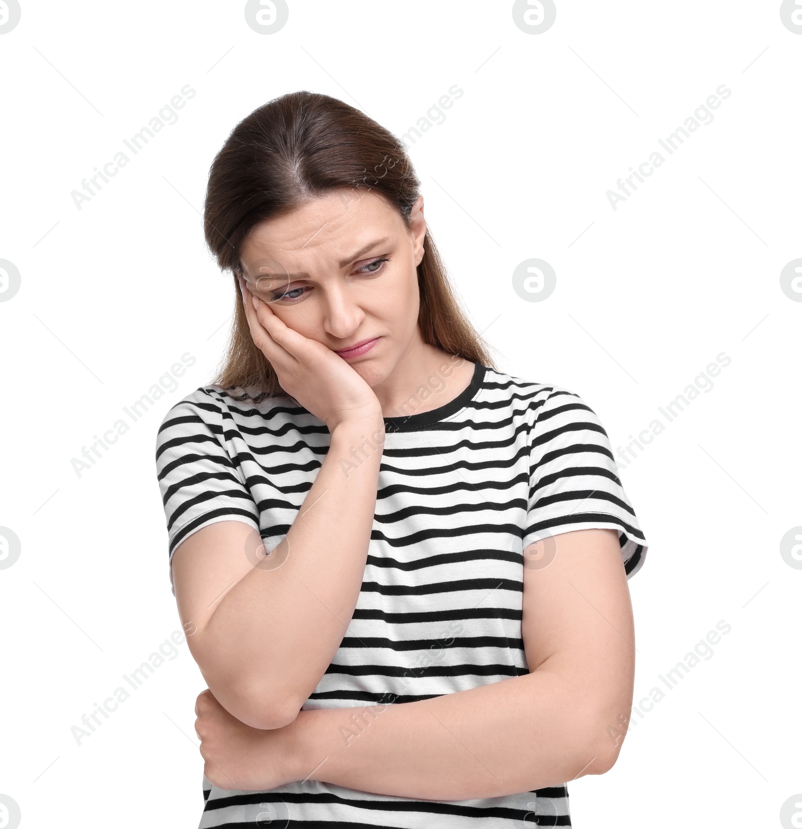 Photo of Portrait of sad woman on white background