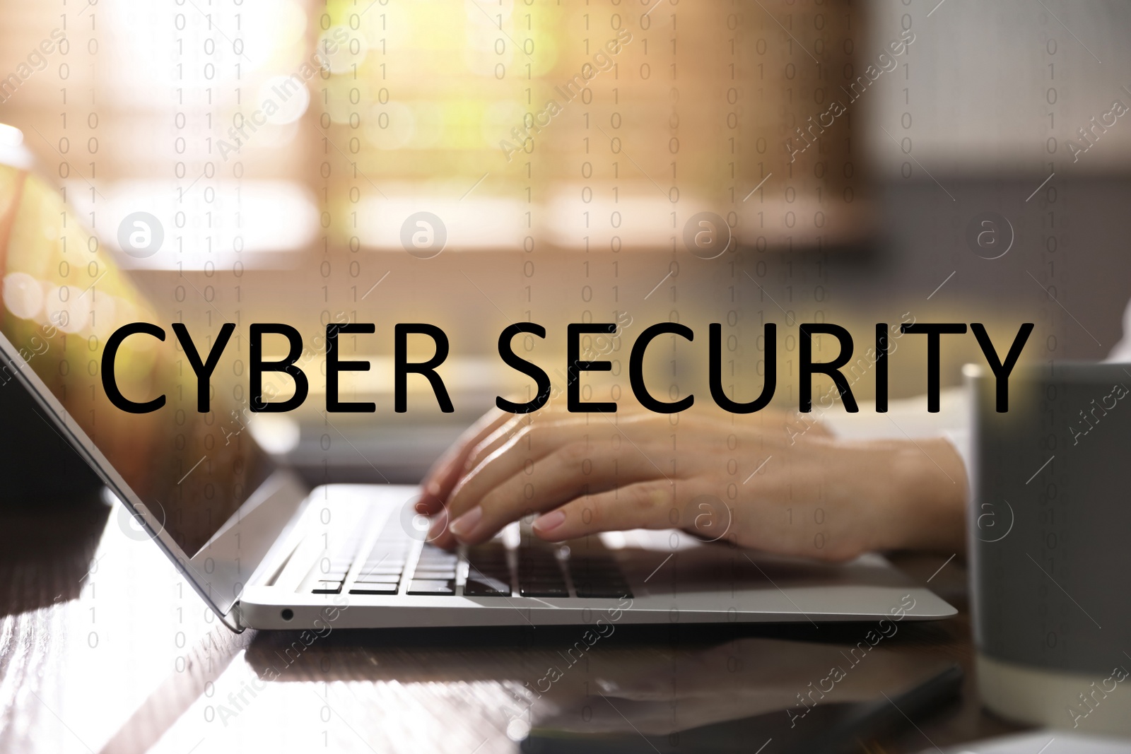 Image of Cyber security concept. Woman working with laptop at table indoors, closeup